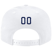 Load image into Gallery viewer, Custom White Navy Stitched Adjustable Snapback Hat
