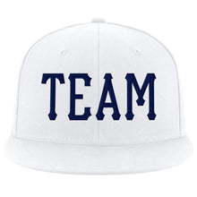 Load image into Gallery viewer, Custom White Navy Stitched Adjustable Snapback Hat
