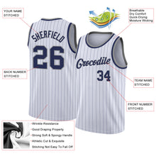Load image into Gallery viewer, Custom White Navy Pinstripe Navy-Gray Authentic Throwback Basketball Jersey
