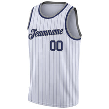 Load image into Gallery viewer, Custom White Navy Pinstripe Navy-Gray Authentic Throwback Basketball Jersey
