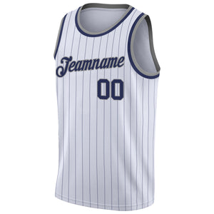 Custom White Navy Pinstripe Navy-Gray Authentic Throwback Basketball Jersey