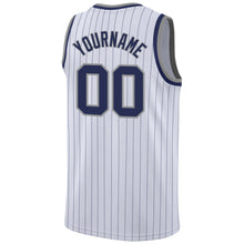 Load image into Gallery viewer, Custom White Navy Pinstripe Navy-Gray Authentic Throwback Basketball Jersey
