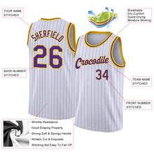 Load image into Gallery viewer, Custom White Purple Pinstripe Purple-Gold Authentic Throwback Basketball Jersey
