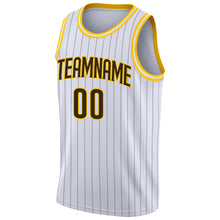 Load image into Gallery viewer, Custom White Brown Pinstripe Brown-Gold Authentic Throwback Basketball Jersey
