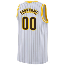 Load image into Gallery viewer, Custom White Brown Pinstripe Brown-Gold Authentic Throwback Basketball Jersey
