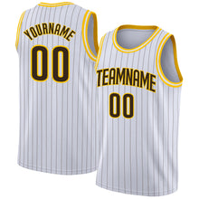 Load image into Gallery viewer, Custom White Brown Pinstripe Brown-Gold Authentic Throwback Basketball Jersey

