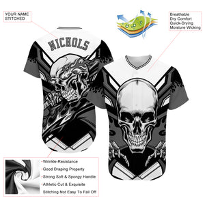 Custom White Gray-Black 3D Skull Authentic Baseball Jersey