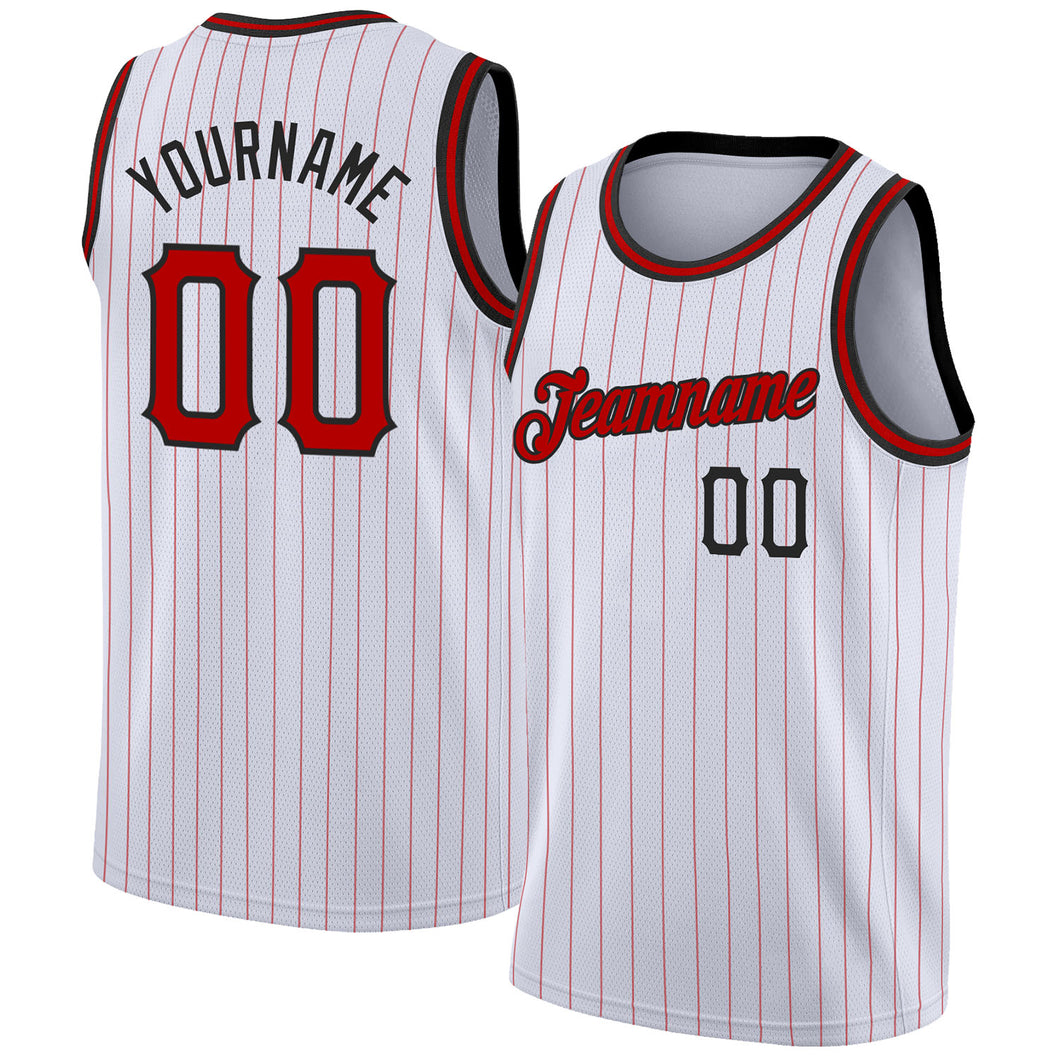 Custom White Red Pinstripe Red-Black Authentic Basketball Jersey