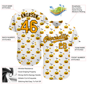 Custom White Gold-Black 3D Pattern Design Halloween Pattern With Pumpkins Authentic Baseball Jersey