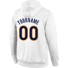 Load image into Gallery viewer, Custom Stitched White Navy-Gold Sports Pullover Sweatshirt Hoodie
