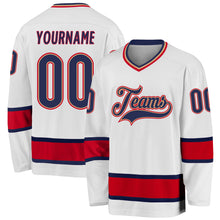 Load image into Gallery viewer, Custom White Navy-Red Hockey Jersey
