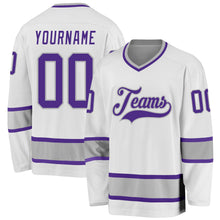 Load image into Gallery viewer, Custom White Purple-Gray Hockey Jersey
