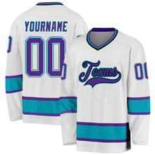 Load image into Gallery viewer, Custom White Purple-Teal Hockey Jersey
