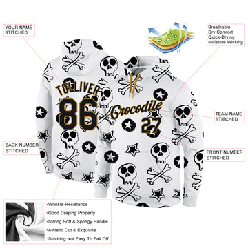 Custom Stitched White Black-Old Gold 3D Skull Fashion Sports Pullover Sweatshirt Hoodie