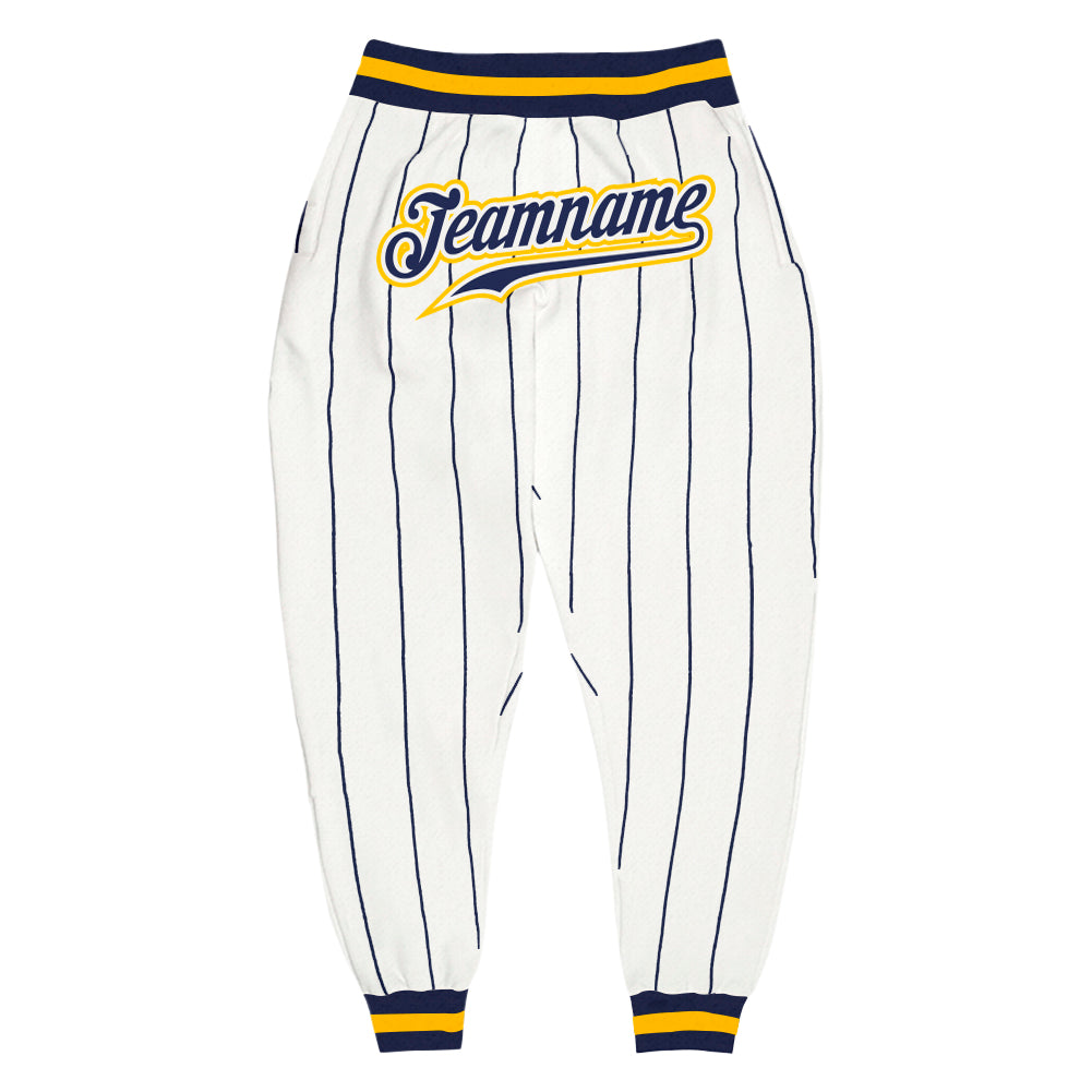 Custom White Navy Pinstripe Navy-Gold Sports Pants