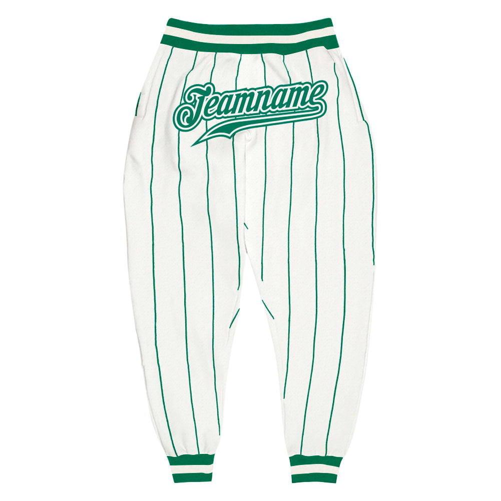 Custom White Kelly Green Pinstripe Kelly Green-White Sports Pants