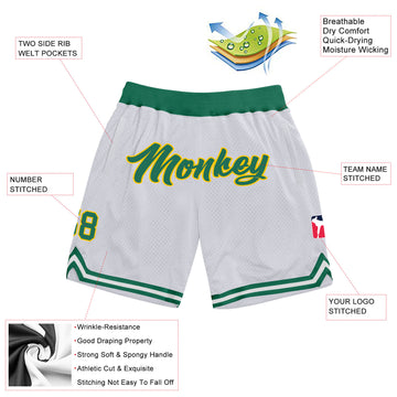 Custom White Kelly Green-Gold Authentic Throwback Basketball Shorts