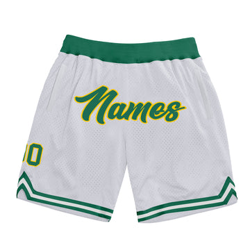 Custom White Kelly Green-Gold Authentic Throwback Basketball Shorts