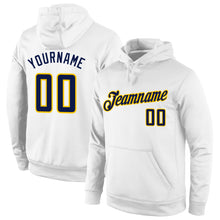 Load image into Gallery viewer, Custom Stitched White Navy-Gold Sports Pullover Sweatshirt Hoodie
