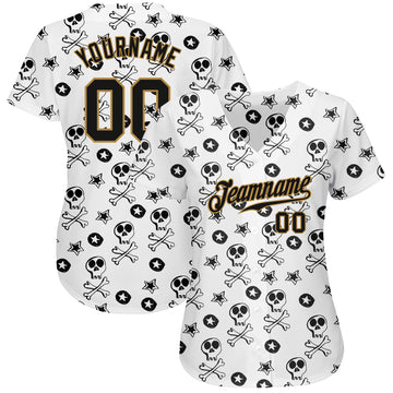 Custom White Black-Old Gold 3D Skull Fashion Authentic Baseball Jersey