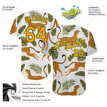 Load image into Gallery viewer, Custom White Gold-Green 3D Pattern Design Leopards And Tropical Palm Leaves Authentic Baseball Jersey
