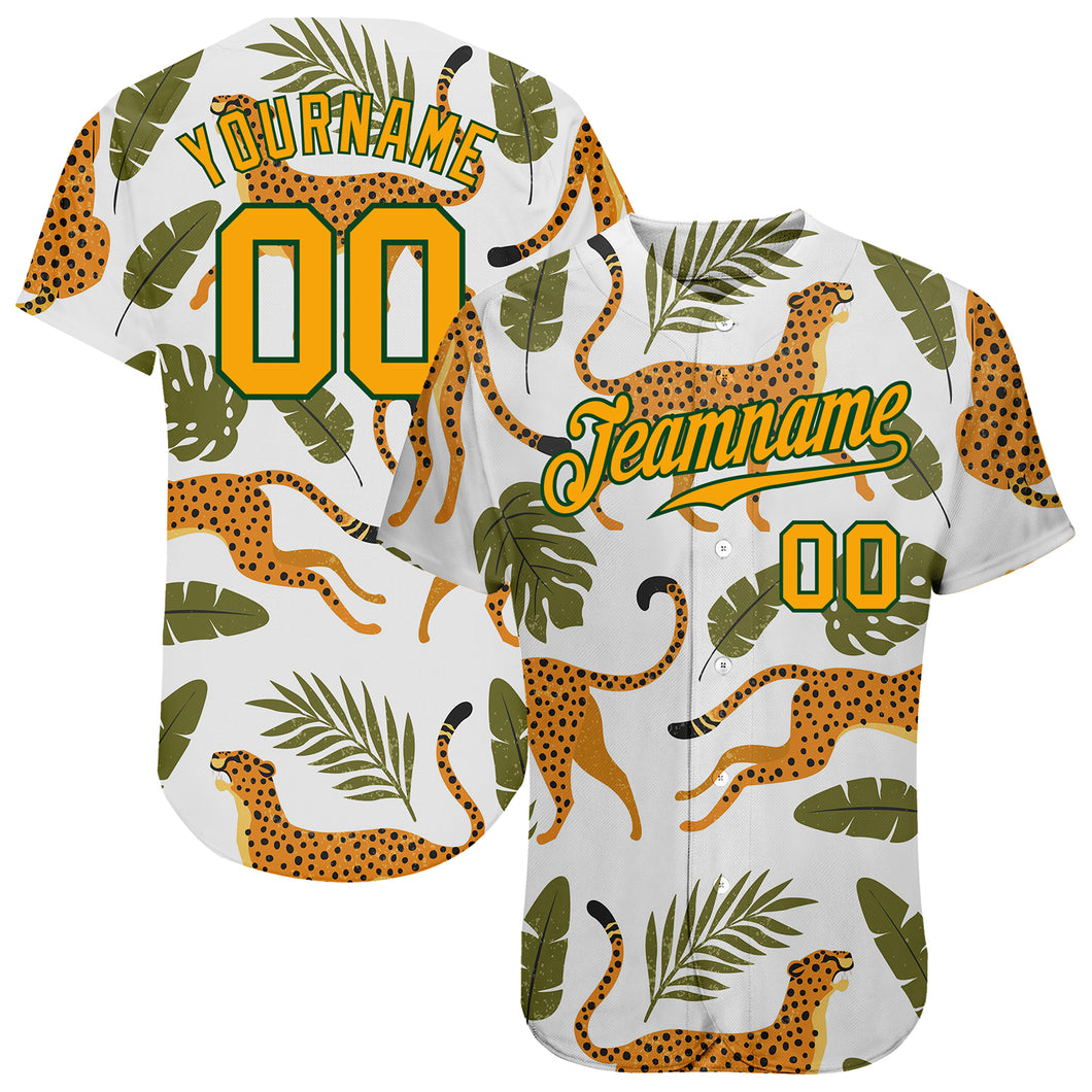 Custom White Gold-Green 3D Pattern Design Leopards And Tropical Palm Leaves Authentic Baseball Jersey
