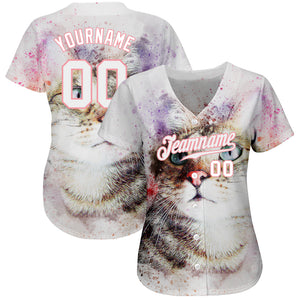 Custom White White-Medium Pink 3D Pattern Design Cat Authentic Baseball Jersey