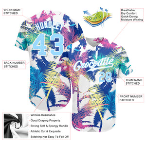 Custom White Light Blue 3D Pattern Design Hawaii Palm Trees Authentic Baseball Jersey