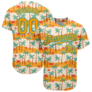 Custom White Gold-Teal 3D Pattern Design Hawaii Palm Trees Authentic Baseball Jersey