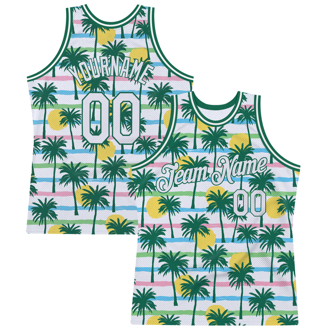 Custom White White-Kelly Green 3D Pattern Design Palm Trees Authentic Basketball Jersey